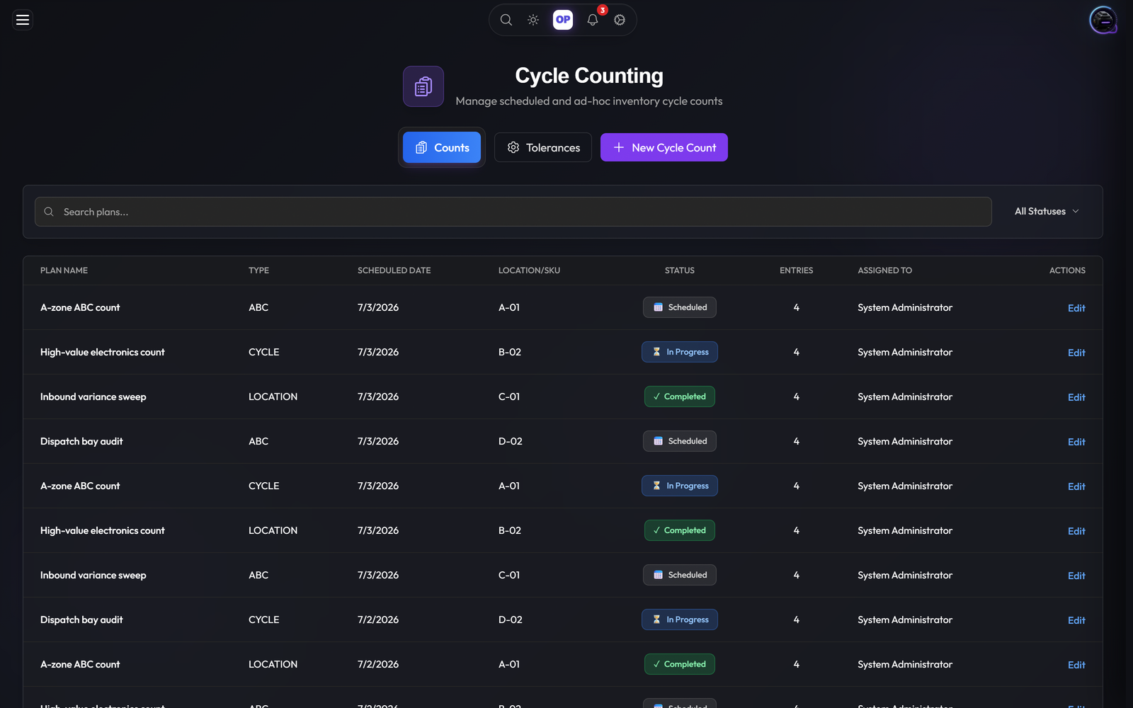 Cycle Counting, OpsUI product screenshot