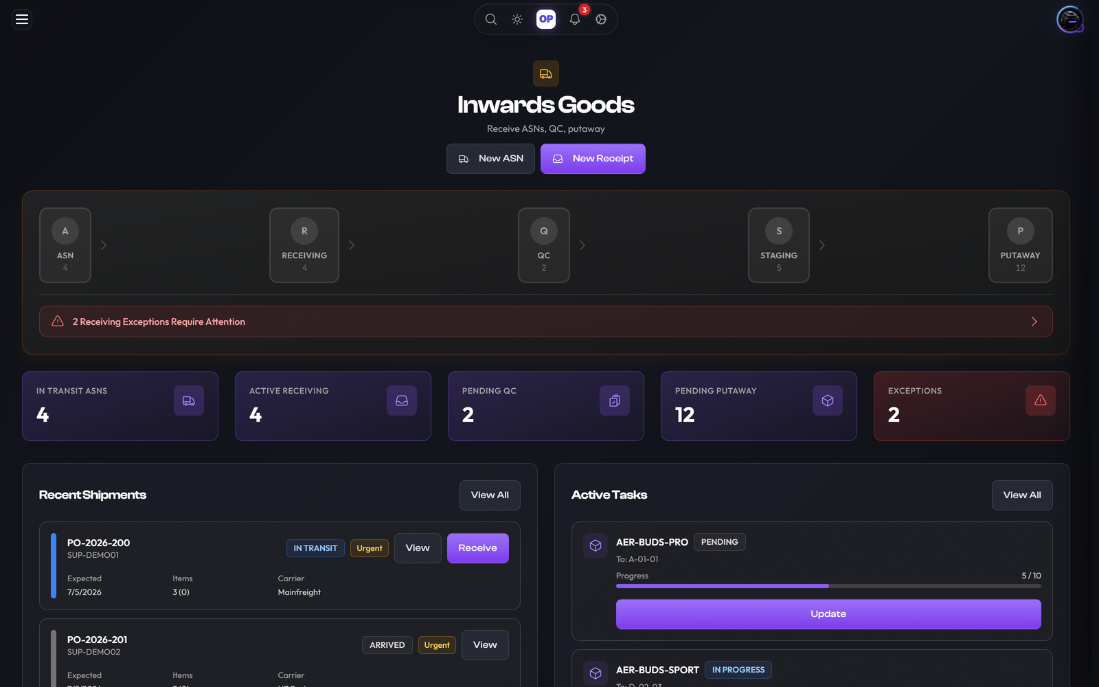 Receiving/Inbound, OpsUI product screenshot